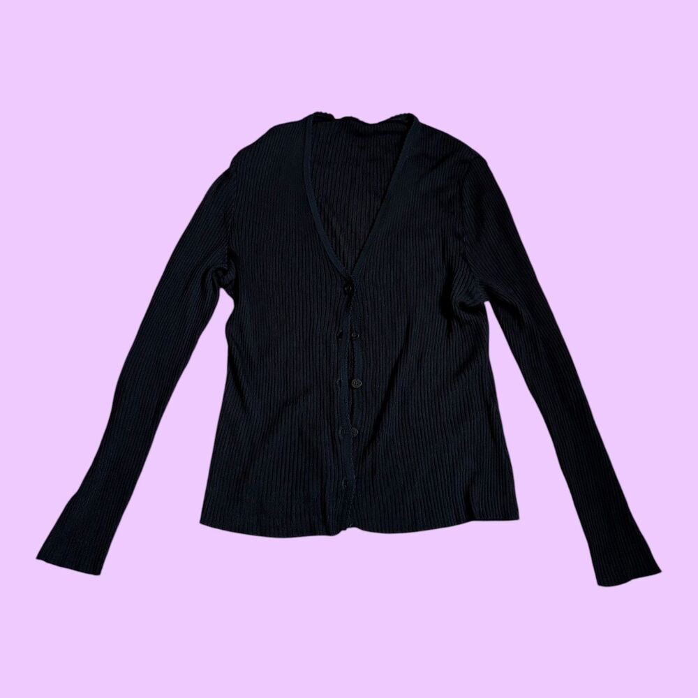 St. John Sport Cardigan Sweater Womens Black Petite Ribbed Button Front